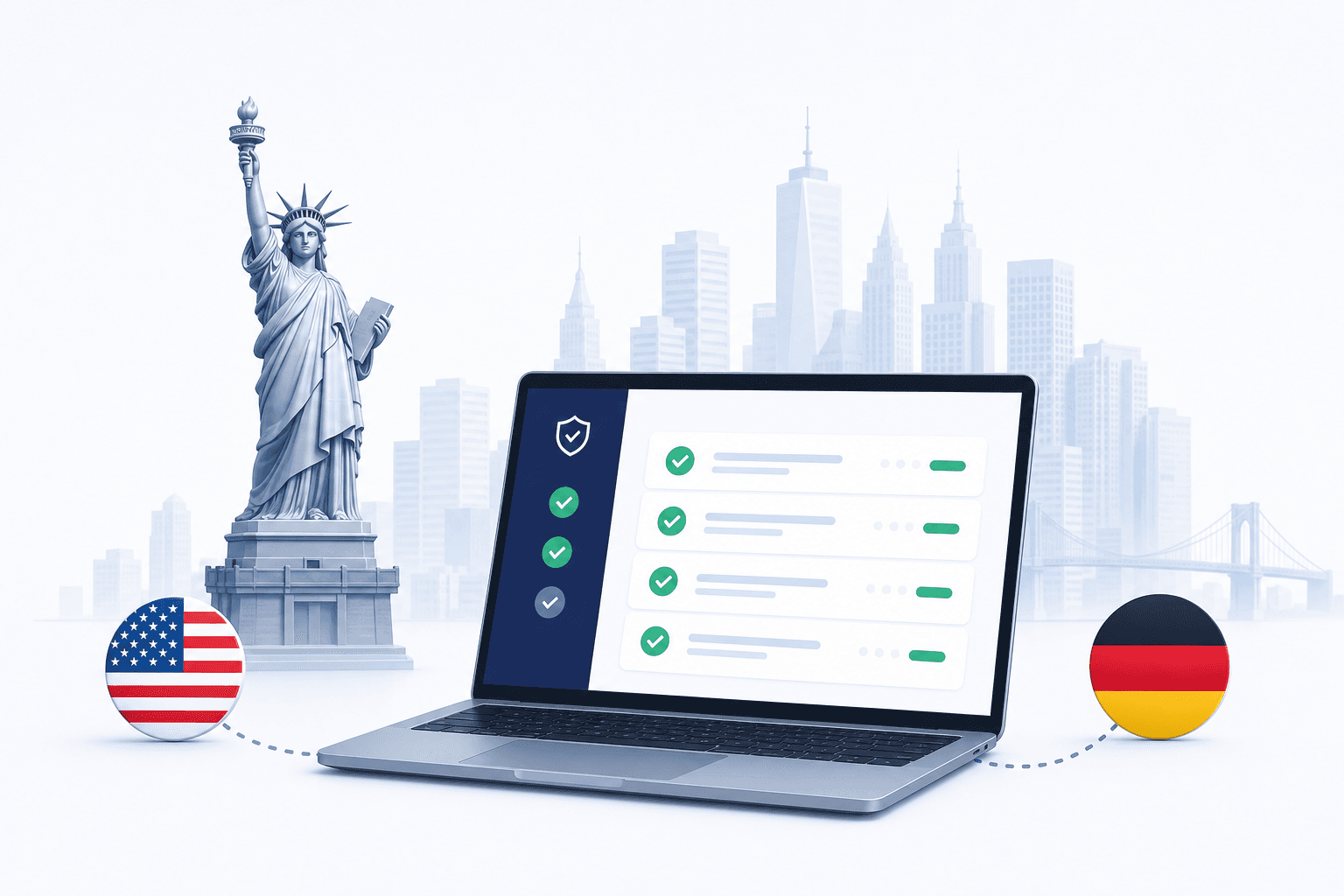 Illustration mit Freiheitsstatue, Laptop und Symbolen für Deutschland und die USA